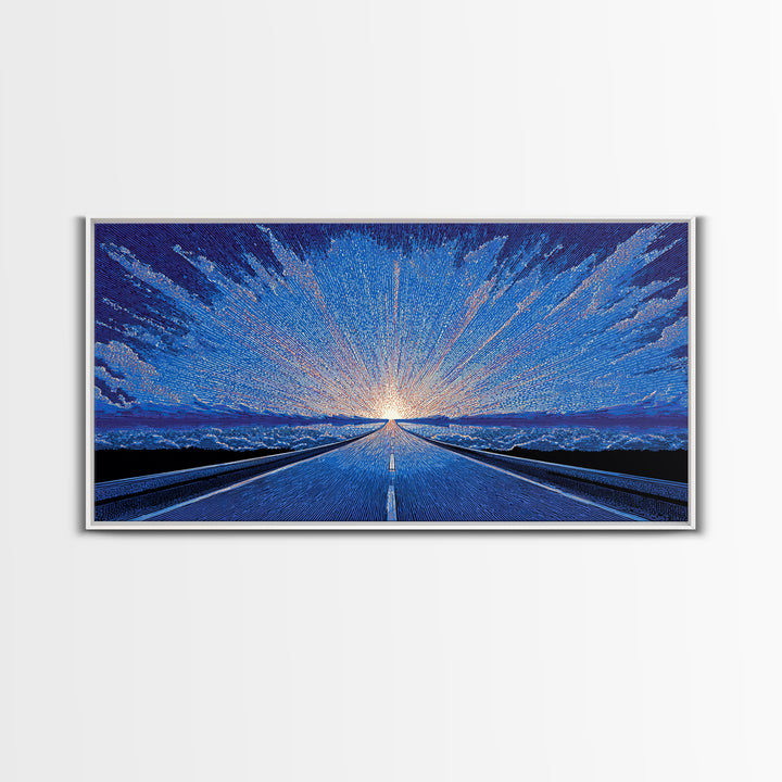 Icy Blue Road Sunrise Wall Art, Winter Horizon Light Burst, Modern Digital Art, Retro Poster, Statement Wall Decor, Home Office Art