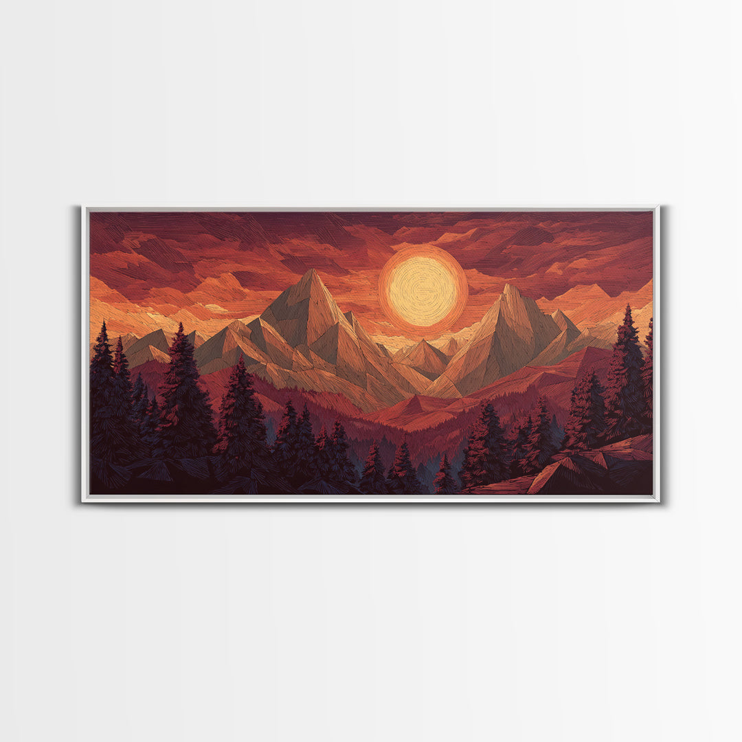 Orange Sun Mountain Forest Framed Canvas Print, Retro Landscape Poster, Midcentury Wall Art, Rustic Cabin Decor, Living Room Art