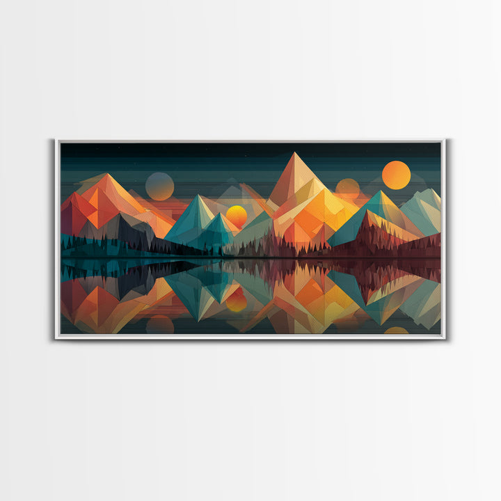 Colorful Geometric Mountain Lake Canvas Print, Midcentury Modern Wall Art, Abstract Landscape Poster, Retro MCM Cabin Home Decor
