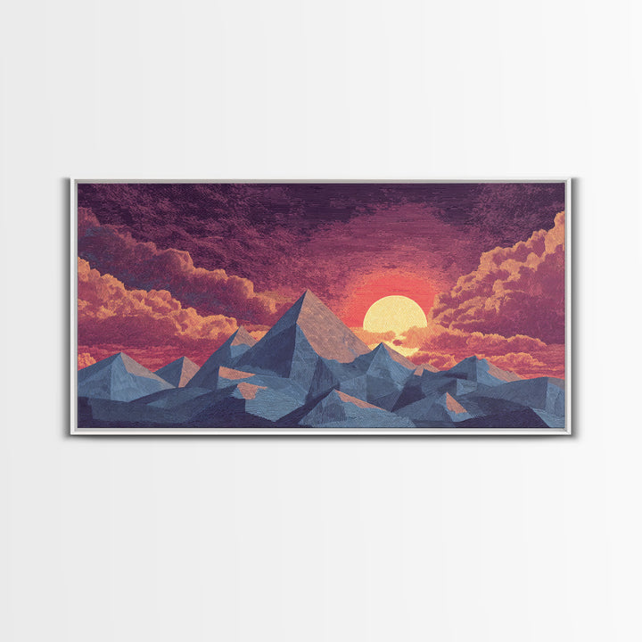 Textured Purple Mountain Sunset Wall Art, Retro Midcentury Modern Landscape Print, Scenic Bedroom Decor, Framed Canvas Print