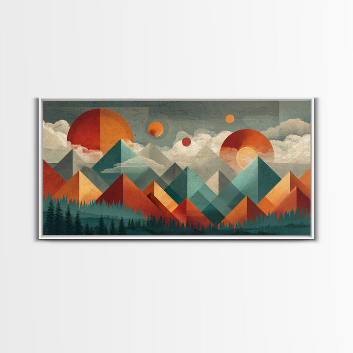 Orange Teal Geometric Mountain Suns Wall Art, Midcentury Modern Abstract Landscape Print, Retro MCM Home Decor, Canvas Print