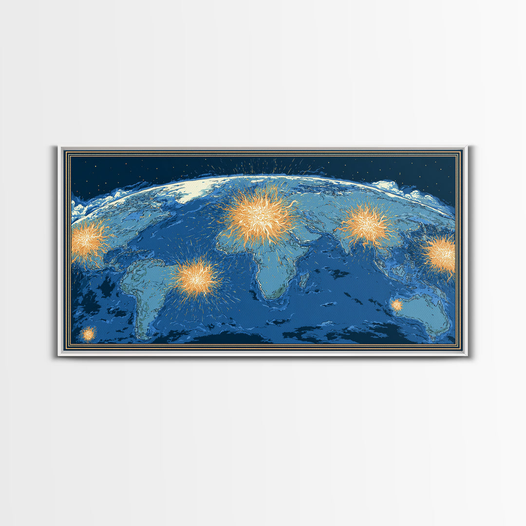 Blue World Map With Orange Network Bursts Wall Art, Modern Global Travel Print, Large Home Office Decor, Framed Canvas Print
