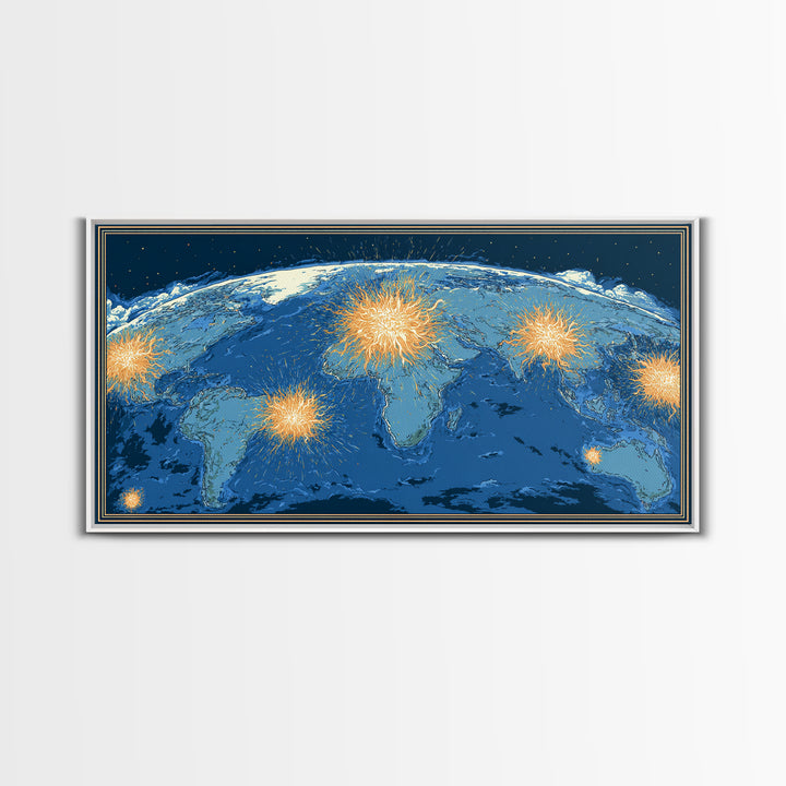 Blue World Map With Orange Network Bursts Wall Art, Modern Global Travel Print, Large Home Office Decor, Framed Canvas Print