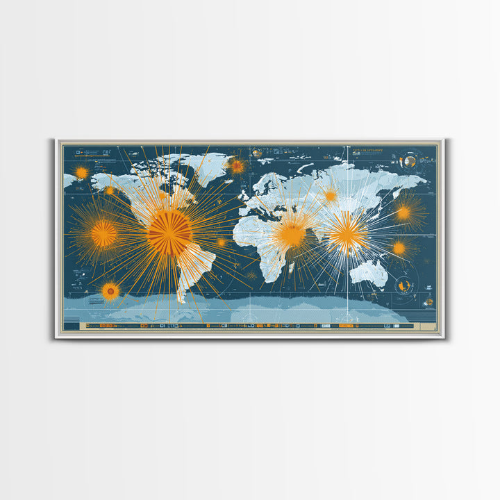 Detailed Blue World Map Network Canvas Print, Modern Office Wall Art, Global Travel Poster, Large Home Decor, Digital Art Print