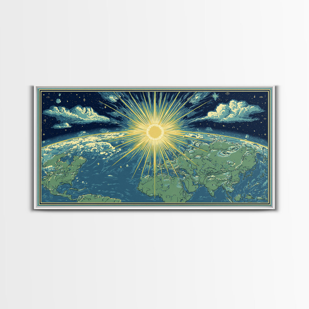 Radiant Sunrise World Map Wall Art, Celestial Earth Poster, Midcentury Modern Art Print, Starry Travel Decor For Living Room