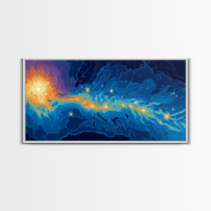Cosmic Energy Map Wall Art, Blue Orange Abstract Poster, Modern Digital Art Print, Sci Fi Travel Decor For Bedroom And Office