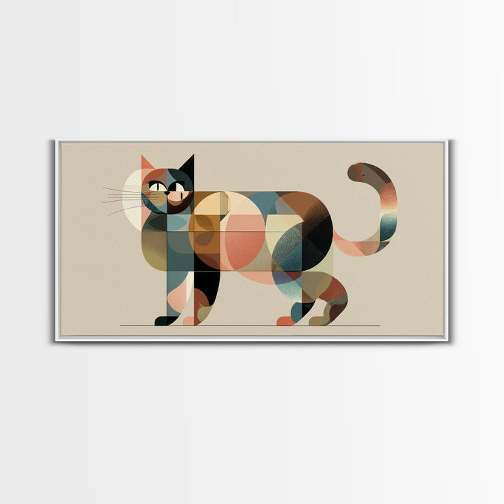 Muted Geometric Cat Wall Art, Midcentury Modern Feline Print, Scandinavian Modern Decor, Pastel Abstract Poster For Cat Lovers