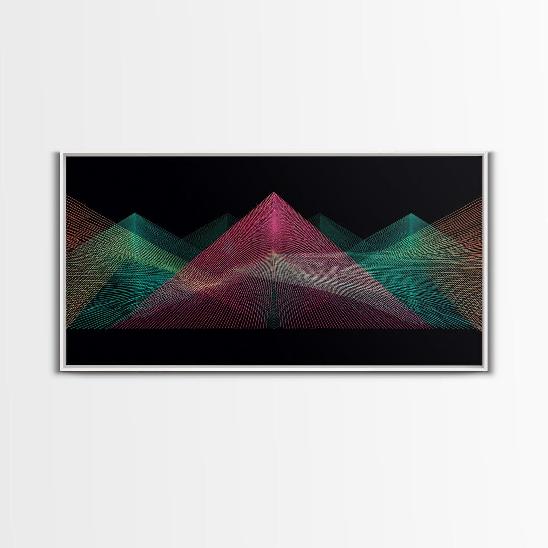 Neon Wireframe Pyramid Wall Art, Sci Fi Abstract Poster, Modern Digital Art Print, Black Retro Decor For Gaming Room Or Studio