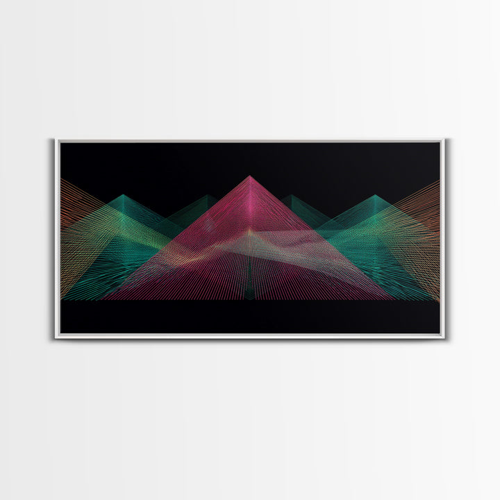 Neon Wireframe Pyramid Wall Art, Sci Fi Abstract Poster, Modern Digital Art Print, Black Retro Decor For Gaming Room Or Studio