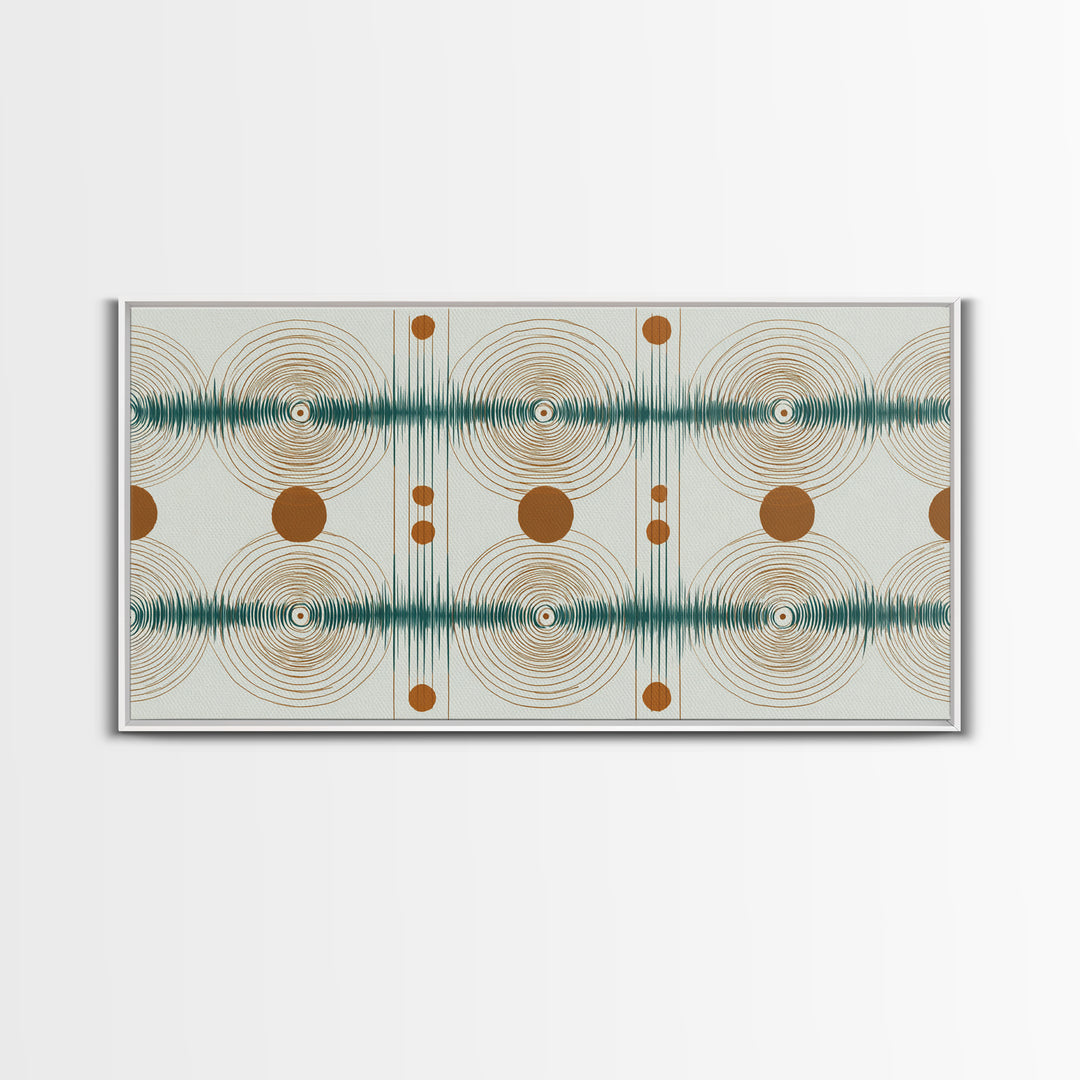 Teal Copper Atomic Sound Wave Framed Canvas Print, Midcentury Modern Art, Geometric Wall Art, Retro Home Office Decor Print