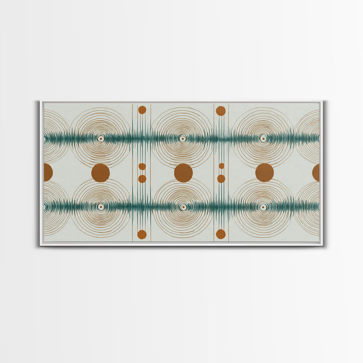 Teal Copper Atomic Sound Wave Framed Canvas Print, Midcentury Modern Art, Geometric Wall Art, Retro Home Office Decor Print