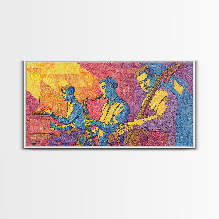 Bright Pop Art Jazz Trio Wall Art, Colorful Midcentury Modern Art Print, Saxophone Piano Bass, Studio Decor Poster Music Gift