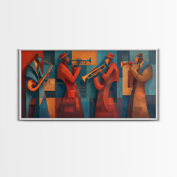 Red Teal Jazz Horn Ensemble Framed Canvas Print, Midcentury Modern Wall Art, Retro Music Poster, Masculine Decor Gift For Him