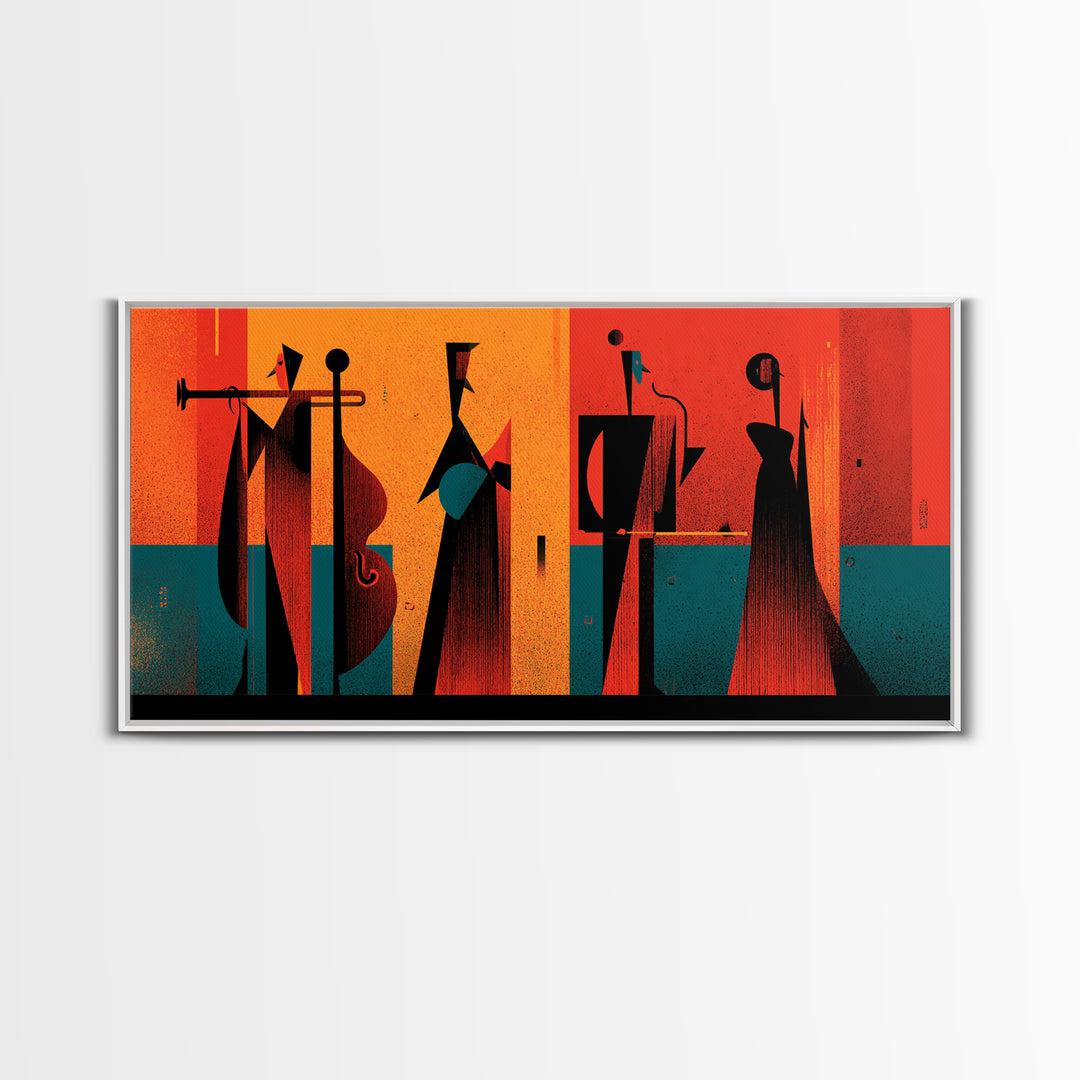 Orange Black Abstract Jazz Ensemble Wall Art, Midcentury Modern Poster, Atomic Art Print, Bold Geometric Home Decor For Musicians
