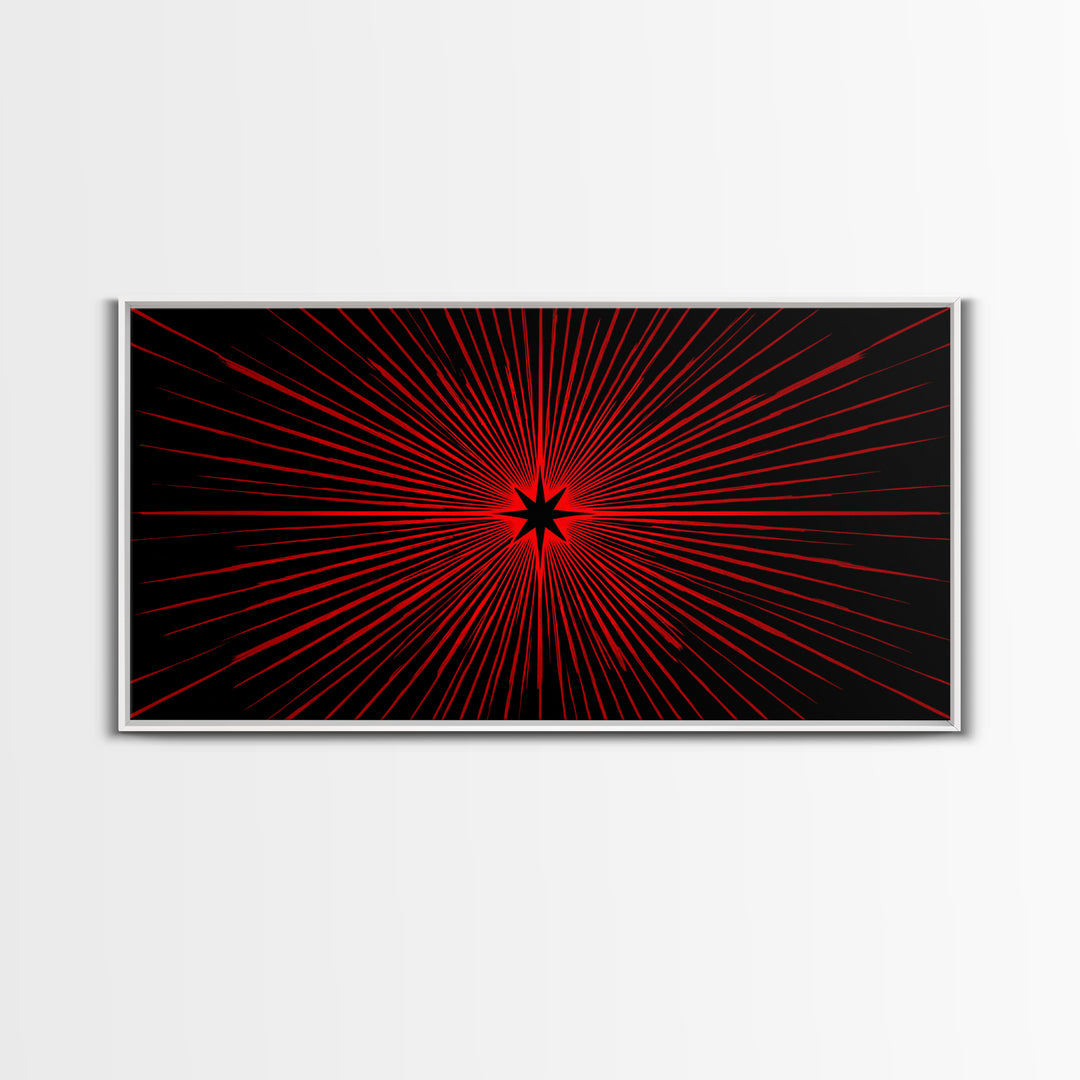 Red Starburst On Black Wall Art, Midcentury Modern Op Art Poster, Atomic Sunburst Canvas Print, Bold Geometric MCM Decor
