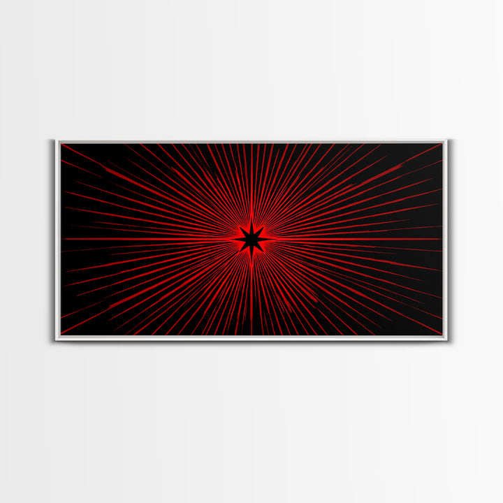 Red Starburst On Black Wall Art, Midcentury Modern Op Art Poster, Atomic Sunburst Canvas Print, Bold Geometric MCM Decor