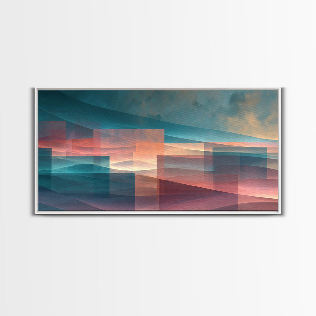 Layered Sunset Mountain Geometry Wall Art, Midcentury Modern Art Print, Teal Pink Landscape Decor, Abstract Home Office Art