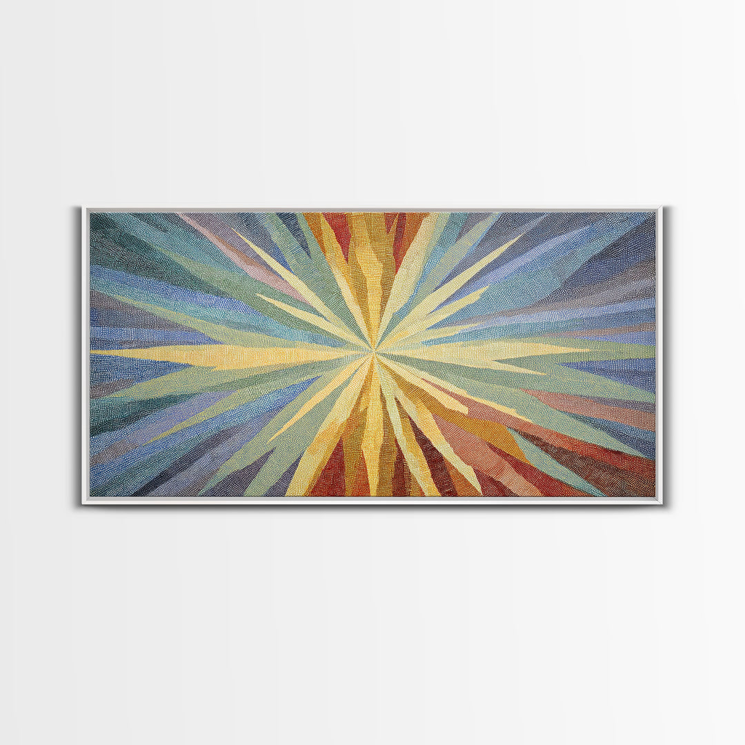 Woven Sunburst Rays Abstract Wall Art, Modern Geometric Art Print, Midcentury Canvas Decor, Blue Yellow Statement Piece Art