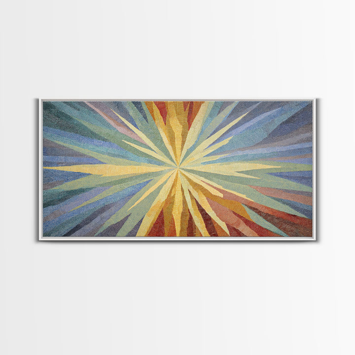 Woven Sunburst Rays Abstract Wall Art, Modern Geometric Art Print, Midcentury Canvas Decor, Blue Yellow Statement Piece Art
