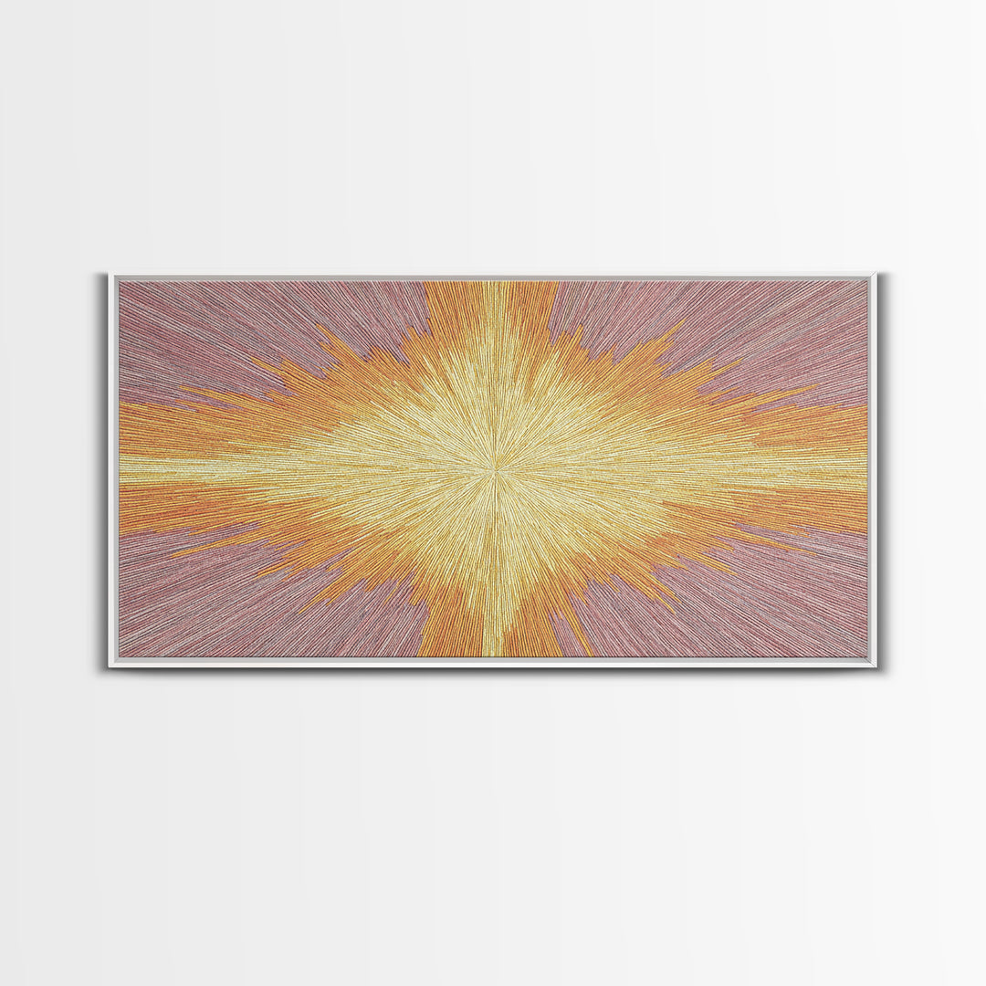 Golden Radiant Cross Starburst Framed Canvas Print, Spiritual Wall Art, Modern Christian Abstract Decor, Purple Yellow Art