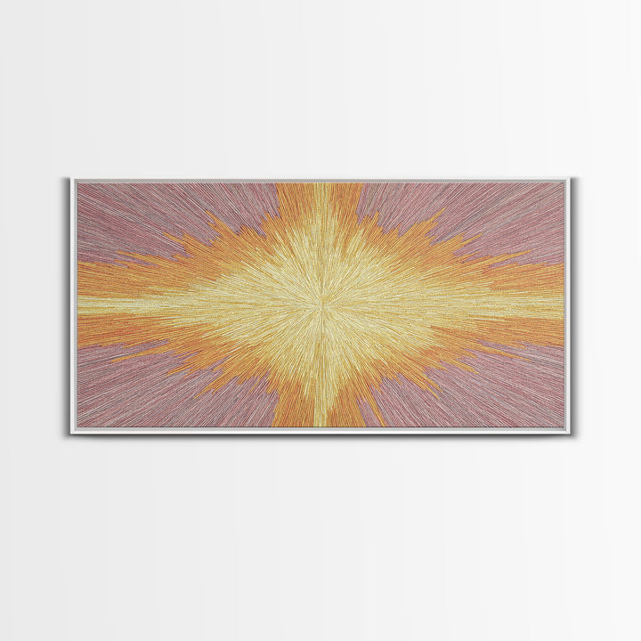 Golden Radiant Cross Starburst Framed Canvas Print, Spiritual Wall Art, Modern Christian Abstract Decor, Purple Yellow Art