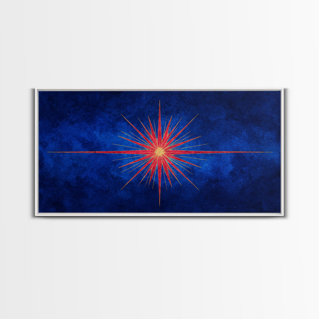 Blue Gold Starburst Framed Canvas Print, Mid Century Modern Atomic Wall Art, Retro Sunburst Poster, Elegant MCM Wall Decor