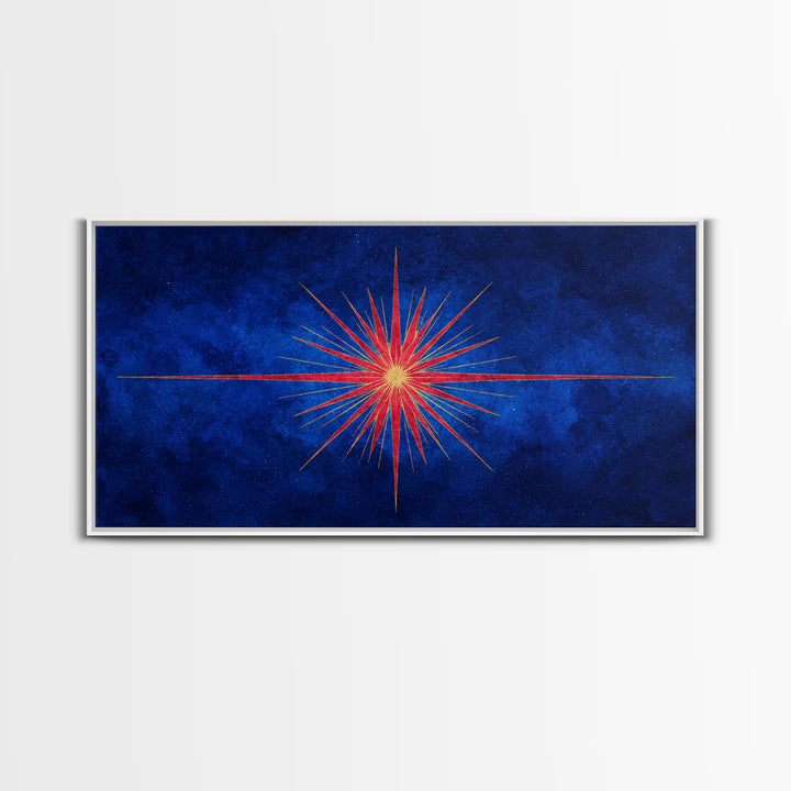 Blue Gold Starburst Framed Canvas Print, Mid Century Modern Atomic Wall Art, Retro Sunburst Poster, Elegant MCM Wall Decor