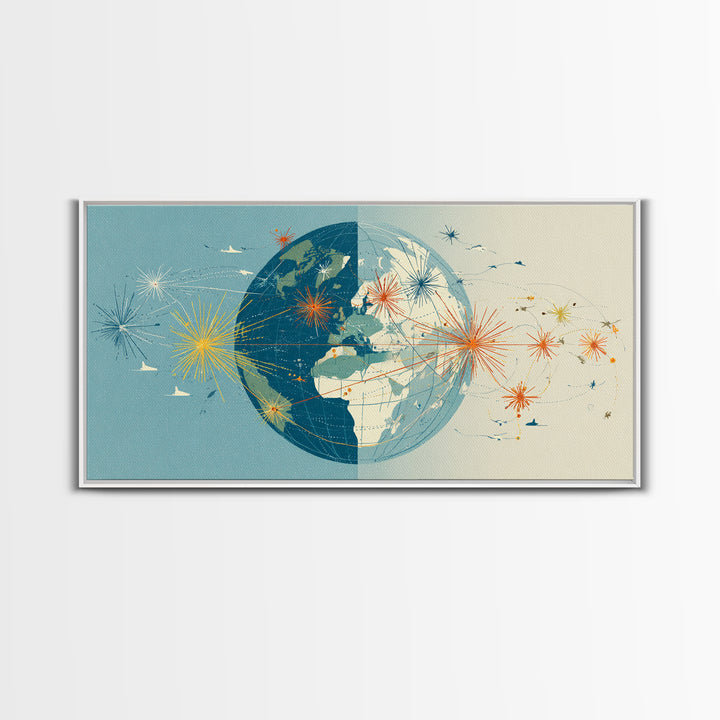 Split Globe Network Wall Art, Midcentury Modern Travel Print, Retro World Map Poster With Starbursts For Home Office Decor