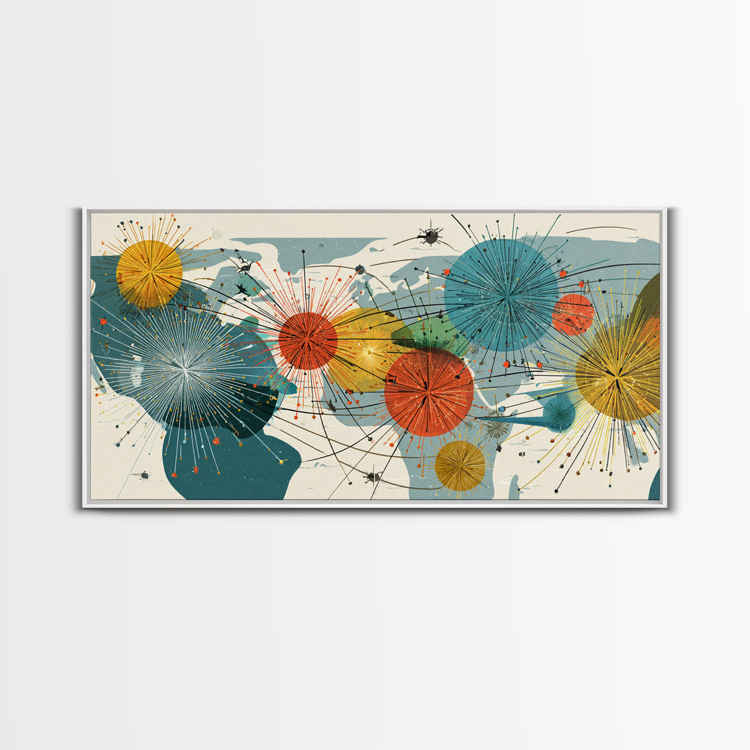 Abstract World Map Starburst Canvas Print, Midcentury Modern Geometric Wall Art, Retro Global Network Decor For Office Or Home