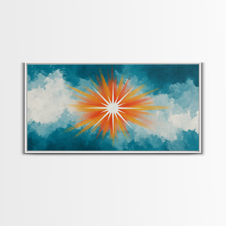 Teal Cloud Sunrise Starburst Canvas Print, Midcentury Modern Nature Wall Art, Retro Sun Poster, Colorful Scenic MCM Decor