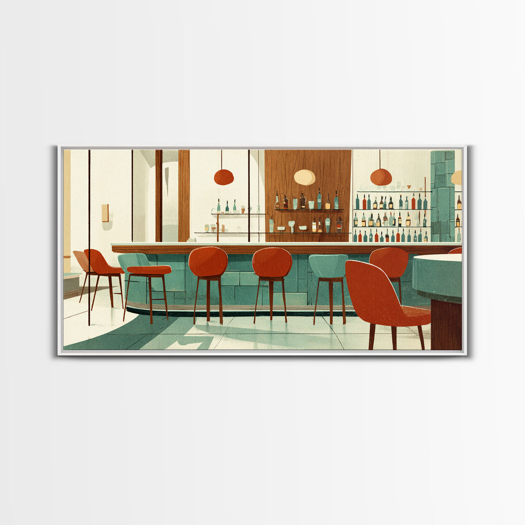 Retro Cocktail Bar With Red Chairs And Teal Cabinets, Mid Century Modern Wall Art, MCM Lounge Decor, Canvas Style Print Gift