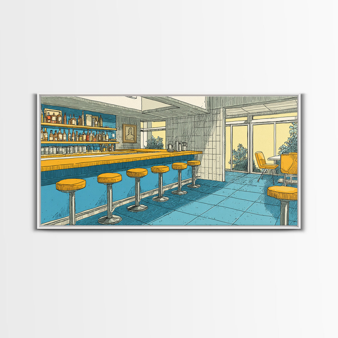 Retro Blue And Yellow Hotel Bar With Round Stools, Mid Century Modern Wall Art, MCM Lounge Decor, Diner Interior Print Poster