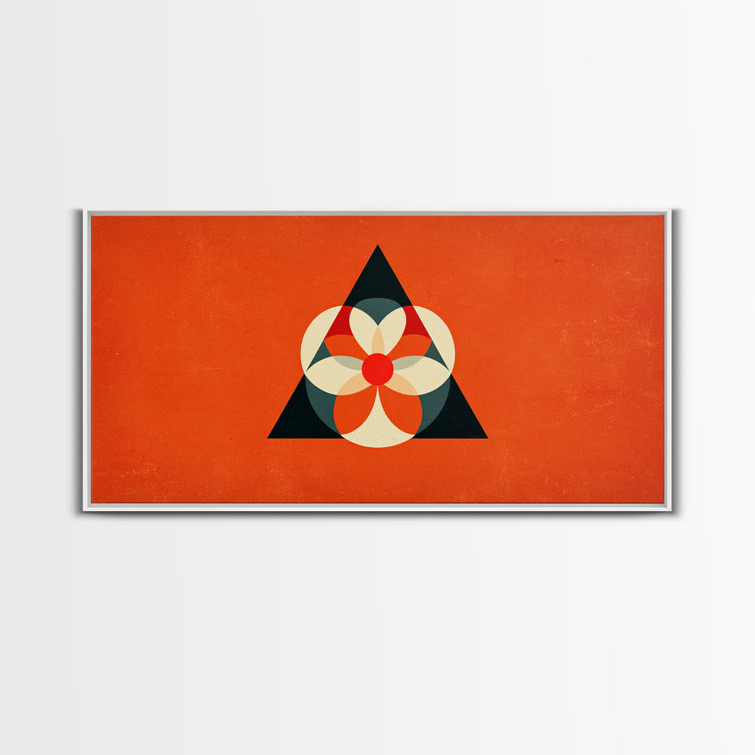 Orange Geometric Flower In Black Triangle, Mid Century Modern Canvas Print, Atomic Bauhaus Wall Decor, Abstract MCM Poster