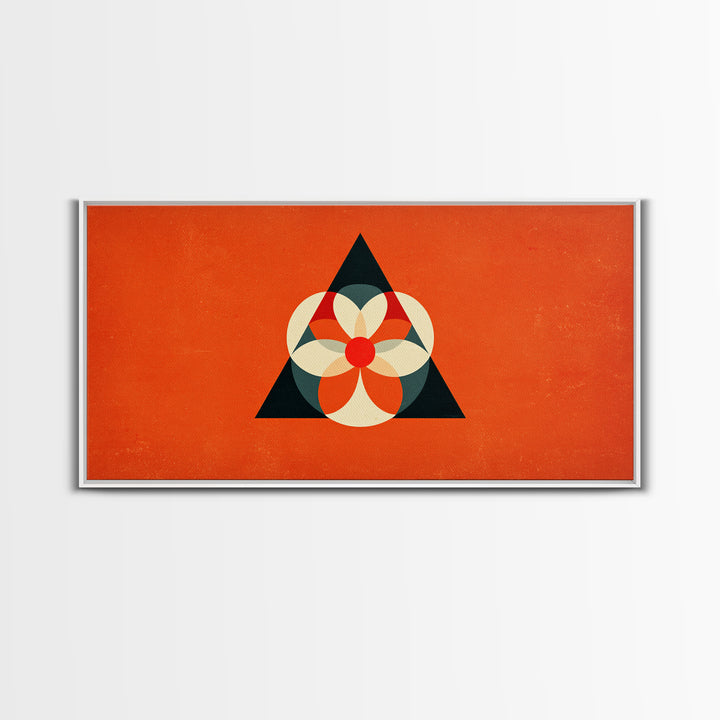 Orange Geometric Flower In Black Triangle, Mid Century Modern Canvas Print, Atomic Bauhaus Wall Decor, Abstract MCM Poster