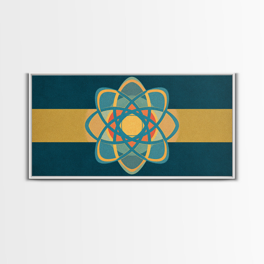 Teal And Gold Atomic Orbit Abstract, Mid Century Modern Wall Art, Retro Science Decor, Geometric MCM Canvas Print Poster