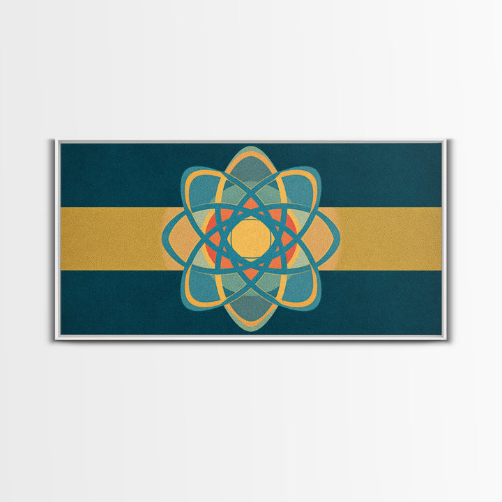 Teal And Gold Atomic Orbit Abstract, Mid Century Modern Wall Art, Retro Science Decor, Geometric MCM Canvas Print Poster