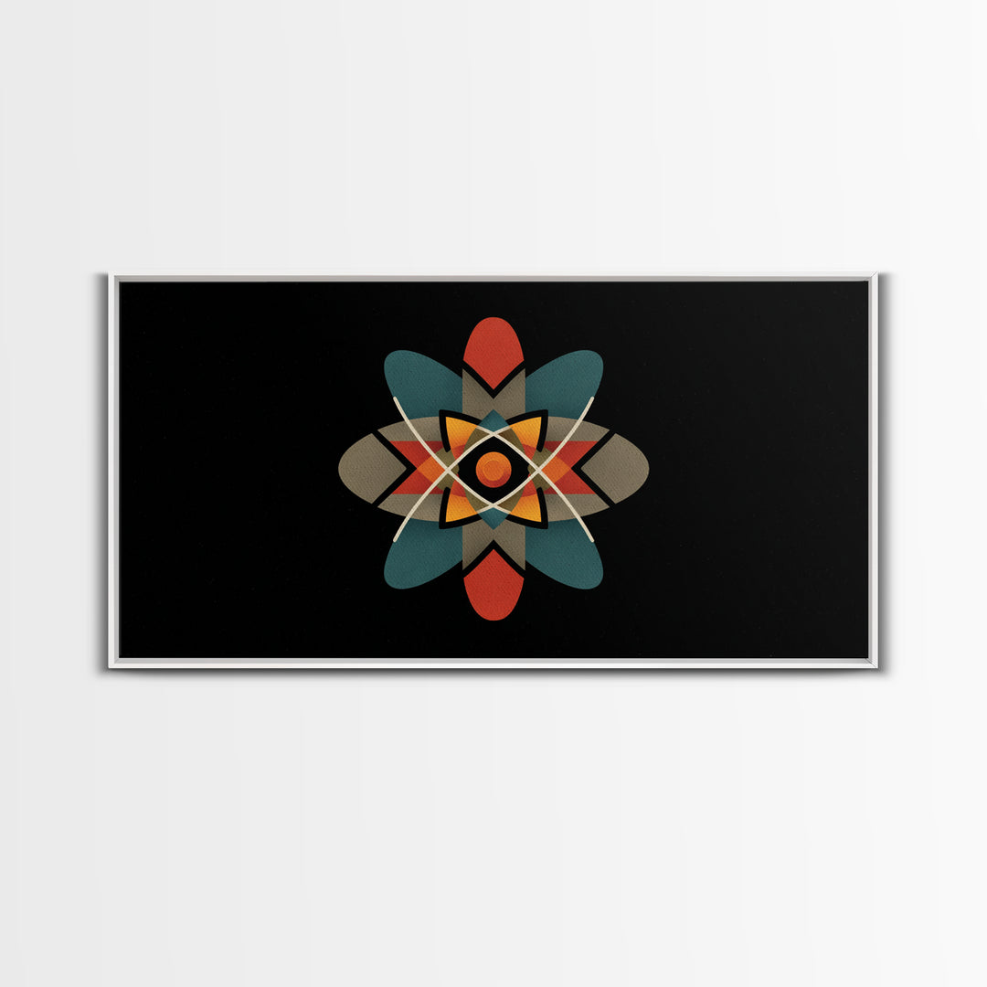 Black Atomic Starburst With Teal Orange Shapes, Mid Century Modern Canvas Print, Retro Space Wall Art, Geometric MCM Decor