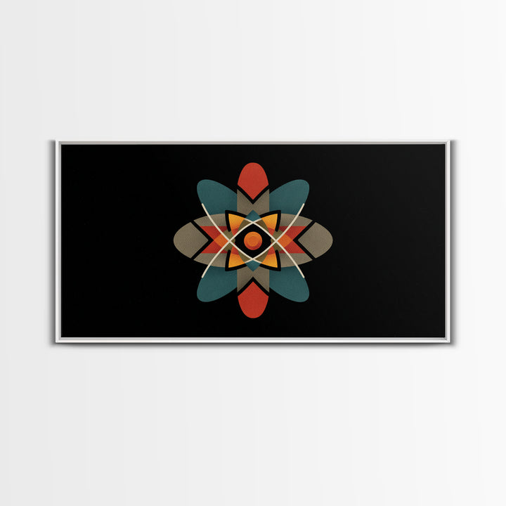 Black Atomic Starburst With Teal Orange Shapes, Mid Century Modern Canvas Print, Retro Space Wall Art, Geometric MCM Decor