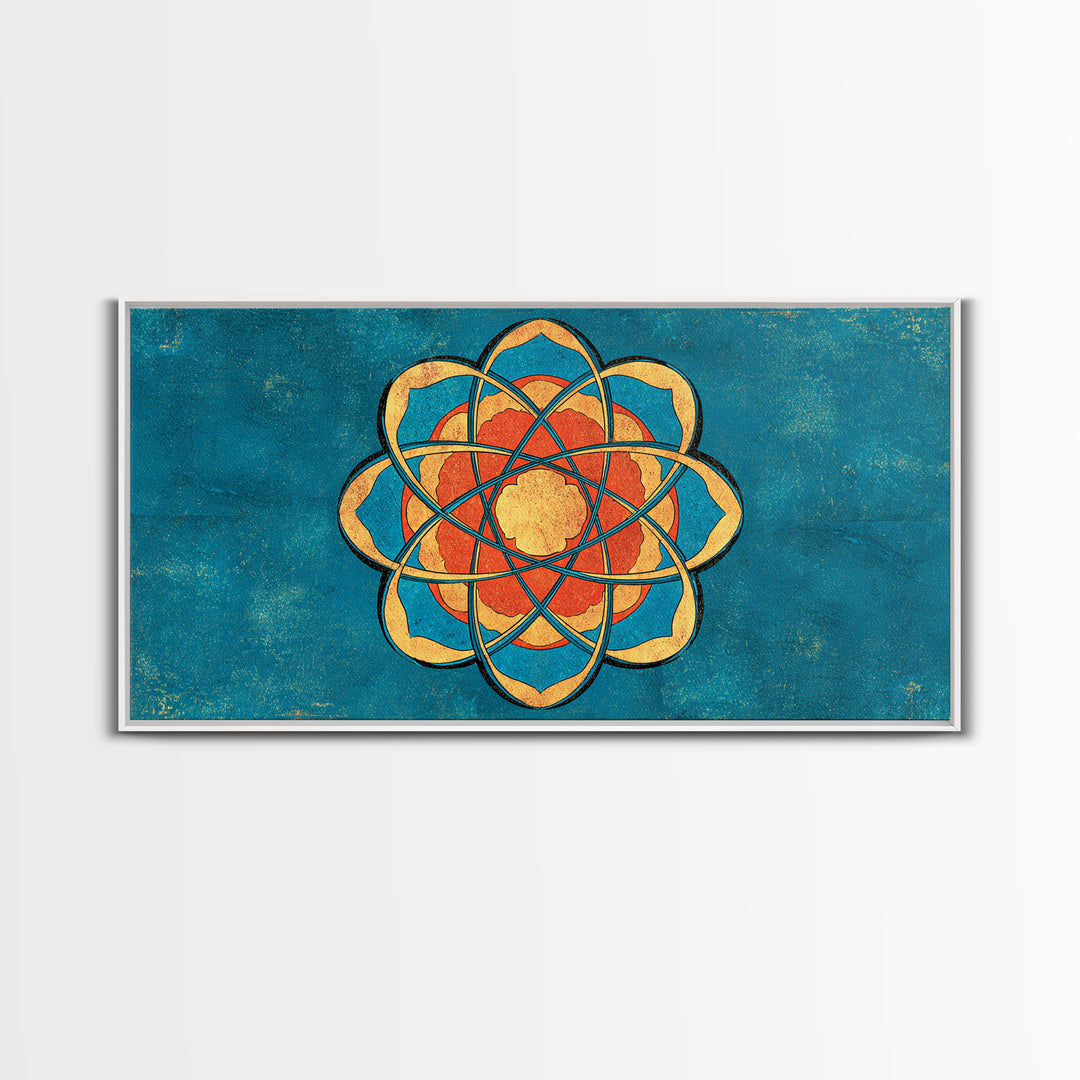 Teal And Orange Atomic Flower Mandala, Mid Century Modern Wall Art, Geometric Abstract Decor, Retro MCM Canvas Print Poster