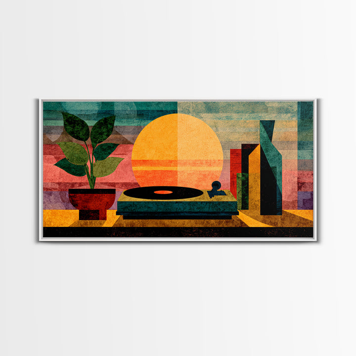 Sunset Turntable Still Life With Plant And Bottles, Mid Century Modern Wall Art, Vinyl Record Decor, Retro Music Canvas Print
