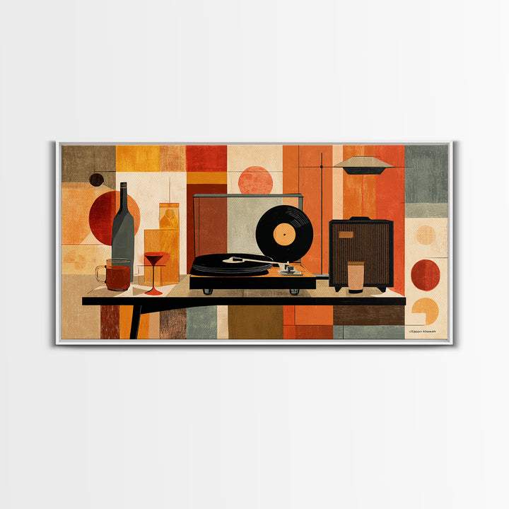 Midcentury Record Player Still Life With Bottle And Radio, Framed Canvas Print, MCM Wall Art, Retro Music Home Decor Poster