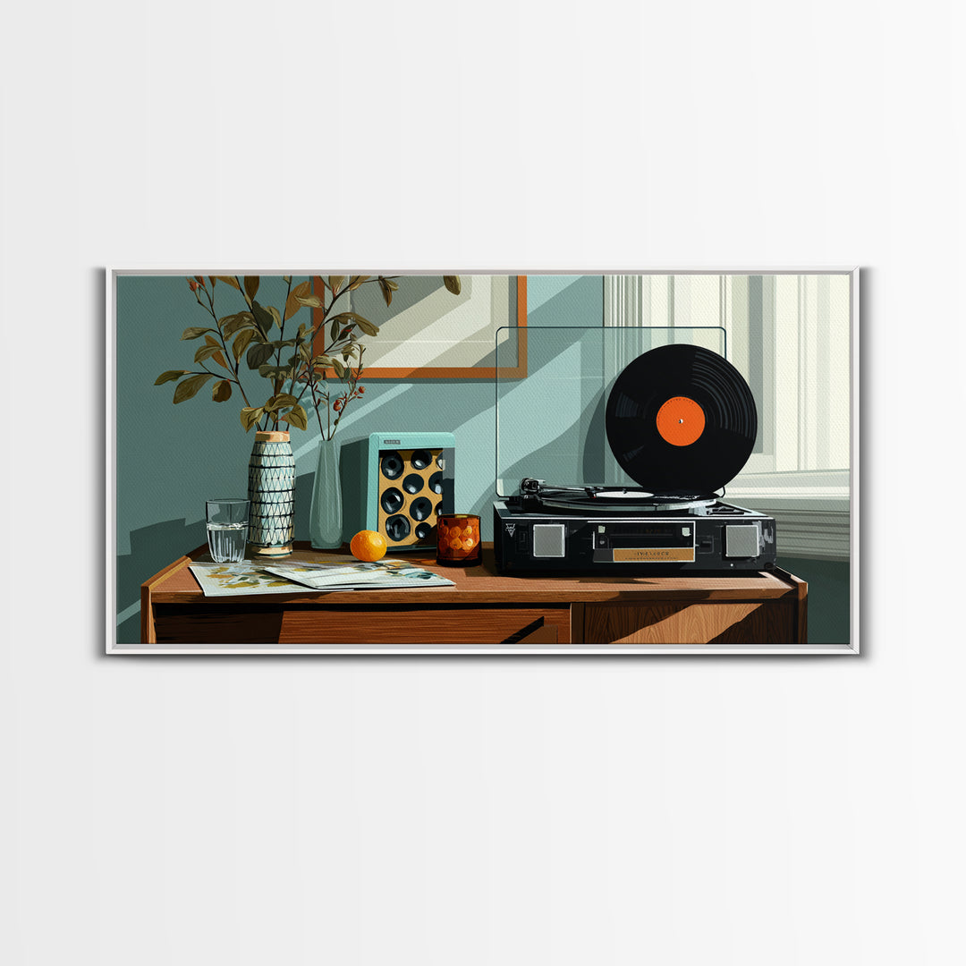 Modern Record Player And Plant Framed Canvas Print, Mid Century Modern Wall Art, Retro Vinyl Decor For Office Or Music Room