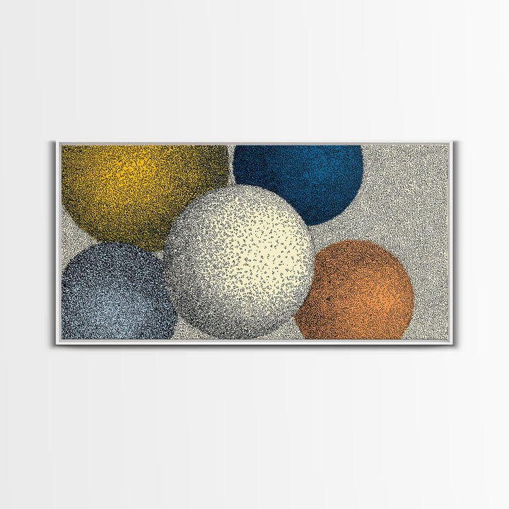 Large Dotted Circle Abstract Wall Art, Mid Century Modern Geometric Poster, Blue Orange Spheres Print For Living Room Decor
