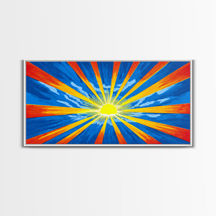 Radiant Sunburst Canvas Print, Blue Orange Yellow Rays Poster, Midcentury Modern Art, Retro Wall Decor, Geometric MCM Print