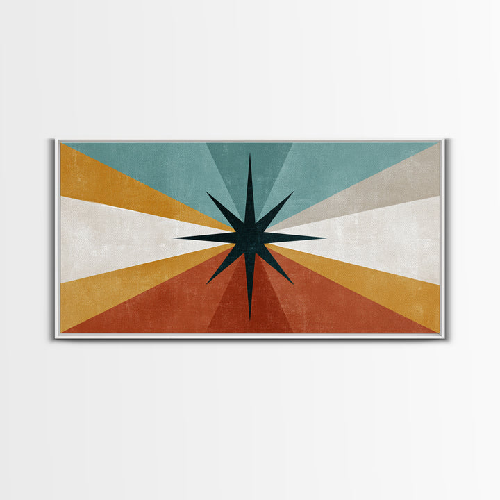 Compass Star Geometric Abstract Wall Art, Mid Century Modern Atomic Poster, Retro MCM Canvas Print, Teal Orange Wall Decor