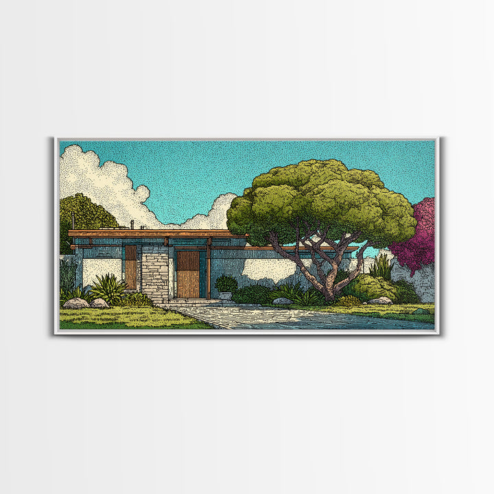 Mid Century Modern House Landscape Wall Art, Retro Architecture Poster, Palm Springs Style Home Decor, Colorful Garden Print