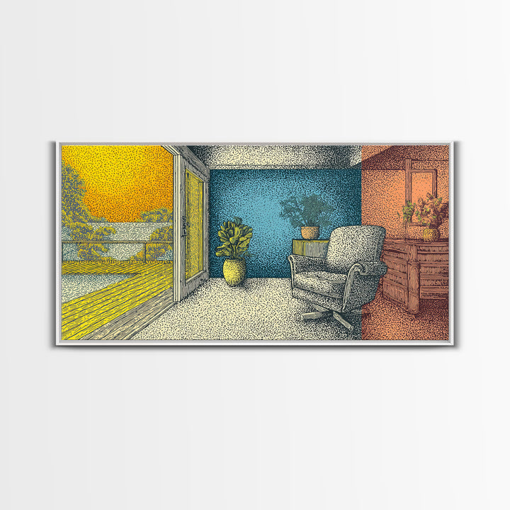 Sunny Midcentury Balcony Interior With Lake View Wall Art, Retro Modern Decor, MCM Living Room Art, Yellow Blue Canvas Print