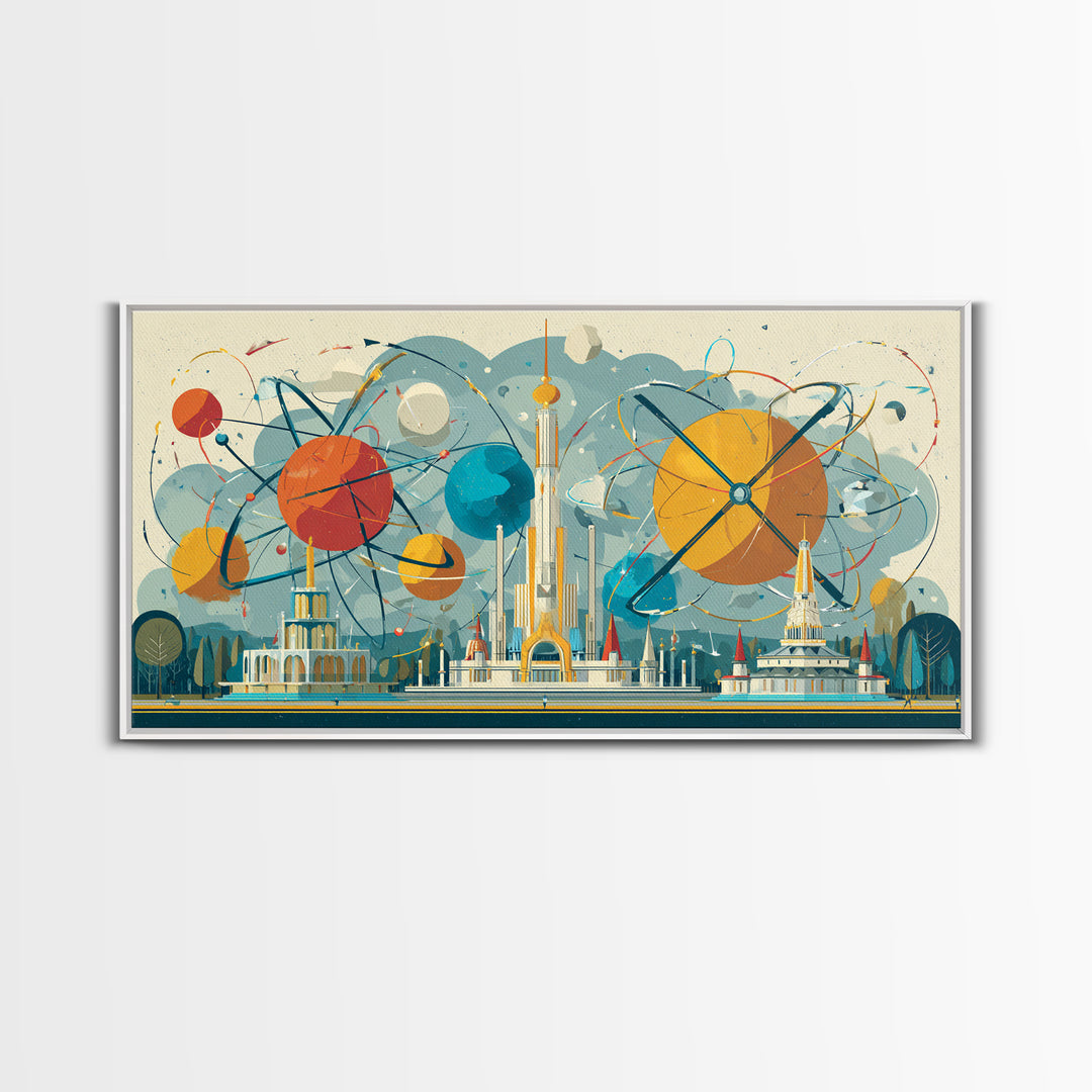 Atomic Planets Over Futuristic Fair City Wall Art, Midcentury Modern Art, Retro Space Poster, MCM Decor, Geometric Canvas Print