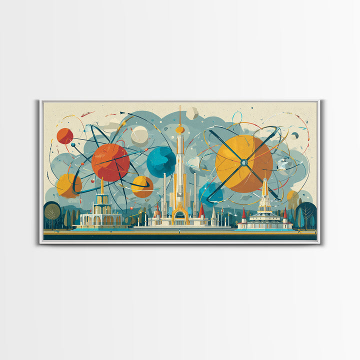 Atomic Planets Over Futuristic Fair City Wall Art, Midcentury Modern Art, Retro Space Poster, MCM Decor, Geometric Canvas Print