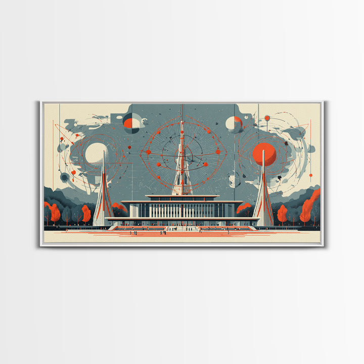 Modernist Atomic Pavilion With Red Orbit Diagrams Wall Art, Midcentury Modern Decor, Bauhaus Poster, Framed Canvas Print